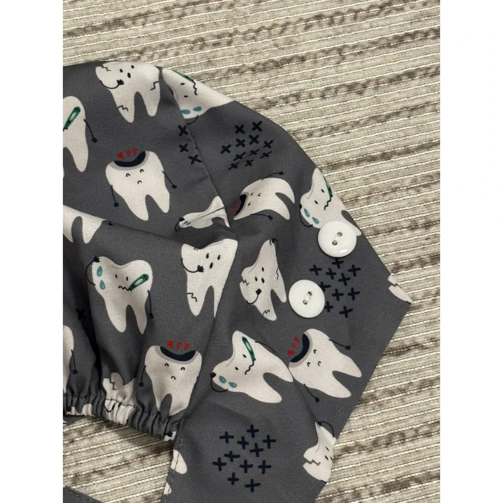 Set of 4 Dental Scrub Caps with Buttons for Masks Tooth Print Pink Blue Grey